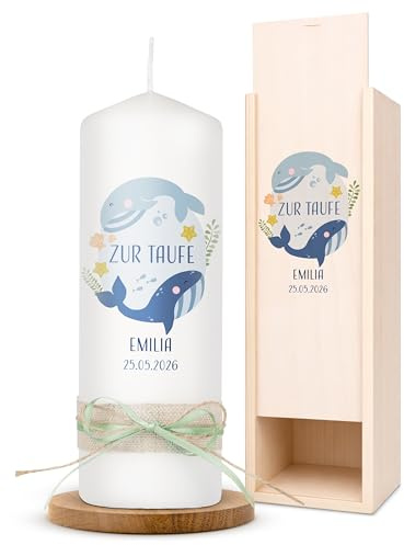 AMARI ® Taufkerze personalisiert Wunderwelt Wal - Namen für Mädchen/Junge - H:20cm/⌀:7cm - Kerze selbst gestalten