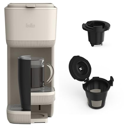 BELLA Single Serve Coffee Maker, K Cup & Coffee Ground Compatible with Removable, Adjustable Drip Tray, Auto Shutoff & Reusable Dishwasher Safe Accessories, Brews 6oz to 14oz, 1000 Watt, Oatmilk