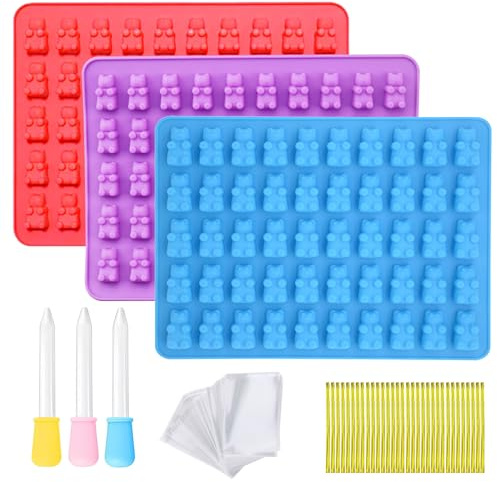 INNAL 3Pcs Silicone Gummy Moulds Reusable for DIY Gummy | Gummies Moulds Silicone Without BPA with 3 Droppers & 50 Clear Bags & 50 Golden Cable Ties for DIY Chocolate Jelly