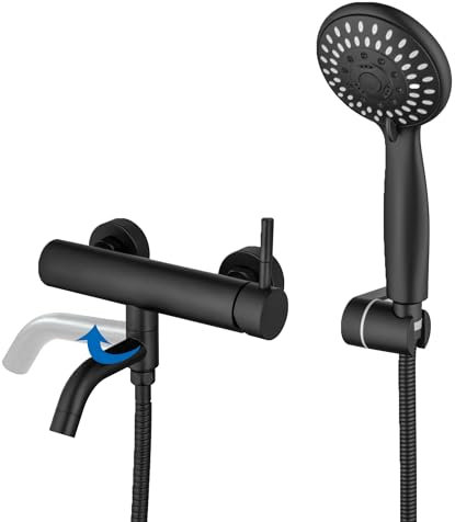 BAITUJIE Mitigeur Baignoire Noir Mat Mélangeur de Baignoire Avec Bec Pliable et Robinet Baignoire Douchette à Main 5 Fonctions