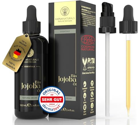Olio di Jojoba BIO • 100ml • Puro, Naturale & spremuto a freddo • Per capelli, cuoio capelluto, ciglia, sopracciglia, barba e unghie • Vegano - Massima Purezza