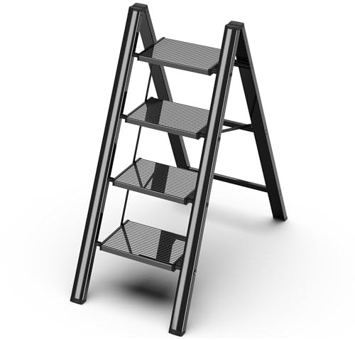 GameGem 4 Step Ladder, Folding Step Stool with Anti-Slip Wide Pedal, Aluminum Material Lightweight yet Sturdy, 150 KG Load, Cute Modern Apperance for Indoor Household Spaces, Black