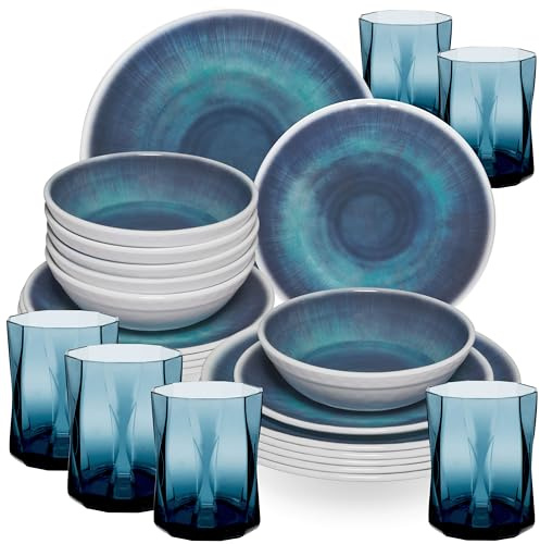 Melamin Geschirr Set Jesolo Blau für 6 Personen 24 Teile 300ml Acryl bunt