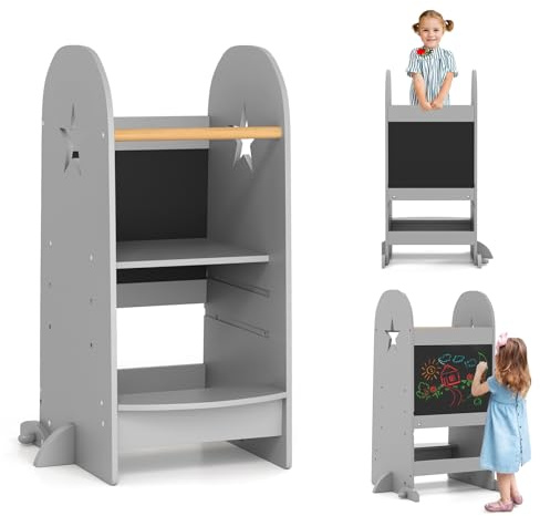LIFEZEAL 2-i-1 Montessori inlärningstorn, lärotorn med tavla, kökshjälpmedel barn med 3 steg, barnpall med säkerhetsräcken, 90 kg lastkapacitet