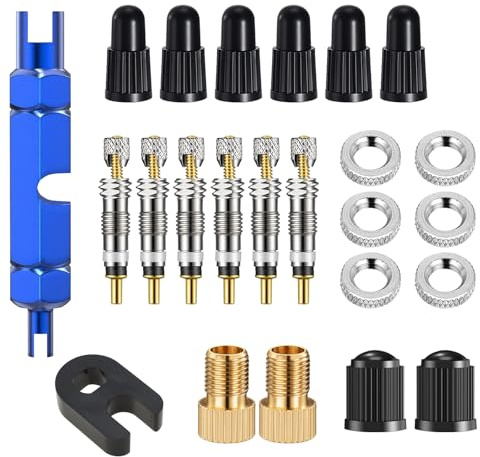 Presta Ventileinsatz Ersatz Set – 6X Ventileinsätze Messing, Ventiladapter, Ventilkappen, Werkzeug – Kompatibel mit Fahrrad & E-Scooter – Dicht, langlebig, inkl. Ausbauwerkzeug