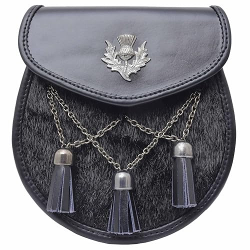 Sporran pour kilt semi-habillage – Sporran en cuir noir avec 3 pompons, accessoires idéaux pour la tenue des Highlands et la tenue traditionnelle écossaise pour homme, Noir , 22cm X 18CM