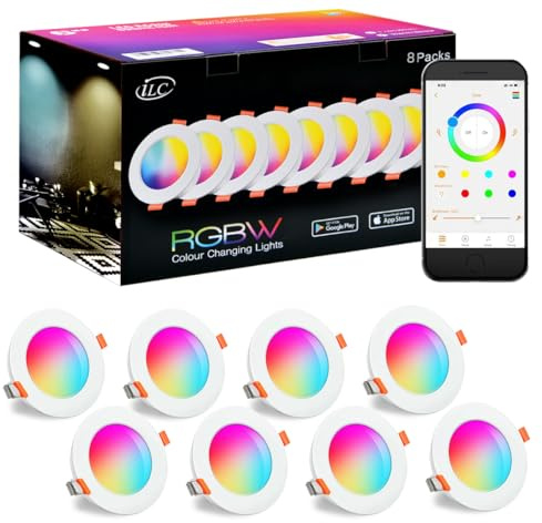 iLC Spots LED Encastrable 8W (équivalent 60W) Découpe Ф68-85mm, travailler avec Alexa(Un dispositif Echo est nécessaire), IP44 Rond Spot Encastrable CCT + RGB contrôlé par APP (Lot de 8)