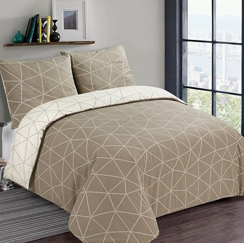Vision - Hugo Beige - vändbar flanell påslakan set - beige och elfenben - dubbelsäng 240 x 220 cm och 2 blandade örngott 65 x 65 cm - 100 % bomull flanell