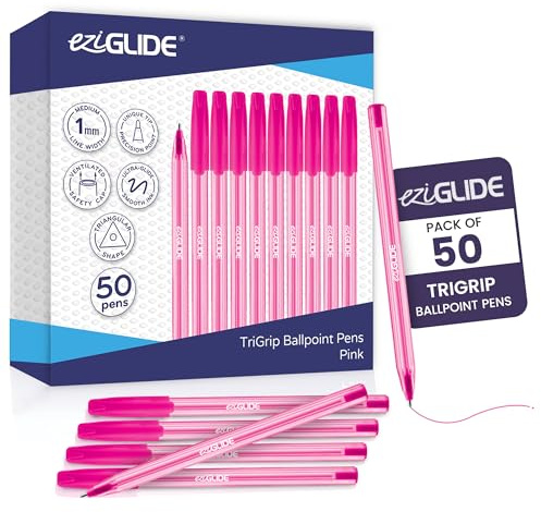 Eziglide TriGrip Ballpoint Pens Ink 50-Pack, Ballpoint Pens Multipack, Medium Point (1.0mm) for Smooth Handwriting & Consistent Flow Triangular Barrel Pens for School, Home & Office (50, Pink)