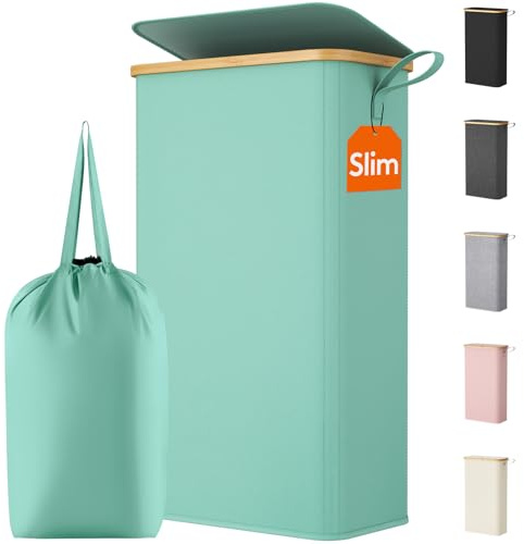 Lifewit 65L Slim Laundry Basket with Lid, Narrow, Removable Bag, Sage Green | Bamboo Handles, Foldable Thin Laundry Bin, Dirty Clothes Hamper for Laundry, Bathroom, Bedroom and Dorm