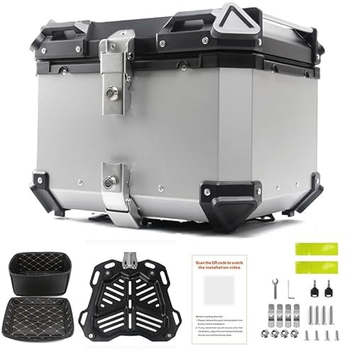 Festisoul Motorcycle Top Case, 55l Universal Motorcycle Rear Box, Aluminum Alloy Waterproof Tail Box, Motorbike Trunk Travel Luggage Storage Tour Tail Box Lockable, Flat Silver