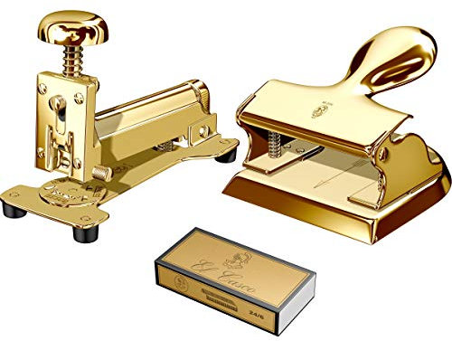 EL CASCO Geschenk-Set 8 L Gold 23 Karat - Bestehend aus Tischhefter M-15, Locher M-200 und passenden Heftklammern