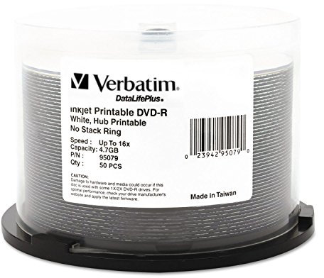 Verbatim DVD-R Blank Discs 4.7GB 16X DataLifePlus White Inkjet Printable Recordable Disc Hub Printable - 50pk Spindle 95079
