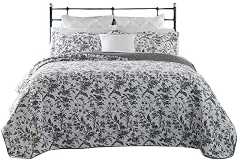 Laura Ashley Cotton Reversible Bedding with Matching Shams, Floral Home Decor for All Seasons, Amberley Black/White, Twin Quilt