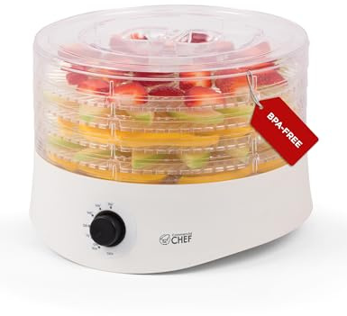 Commercial Chef Food Dehydrator, Five 9.25” BPA-Free Plastic Trays, Dehydrates and Dries Meat, Fruit, Veggies and Jerky, 280W Dehydration Machine, Adjustable Thermostat, CCD100W6, White