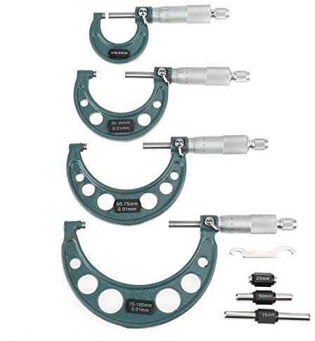 Juego de micrómetros exteriores métricos, 4 en 1 4 piezas Calibradores de medición de micrómetros externos de 0-100 mm con estuche, Carburo cementado duradero de calidad + Calibrador de medición
