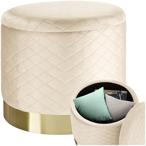 tectake® Tabouret repose pied pouf avec rangement Pouf salon rond aspect Velours jusqu'à 300 kg Base en Acier Doré Couvercle Amovible Design Moderne cosy pour coiffeuse, salon, chambre, bureau, entrée
