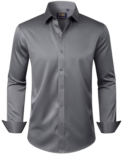 J.VER Men's Dress Shirts Solid Long Sleeve Stretch Wrinkle-Free Formal Shirt Business Casual Button Down Shirts Grey Large