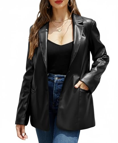 RISISSIDA Women Faux Leather Blazer Jacket Spring Fall Vegan Pleather Soft Casual Lapel Button Down Coat,Black,S