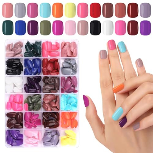 EBANKU - Lot de 576 faux ongles courts pressés en acrylique - 24 couleurs unies - Couvrance complète - Décoration d'ongles femme (brillant)
