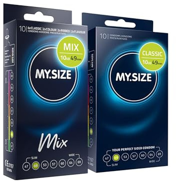 MY.SIZE Mix Set Size 2, 49 mm: 10 Classic Condoms + 10 Condoms in 4 Exciting Varieties, Flavored, Colored, Ribbed & Classic