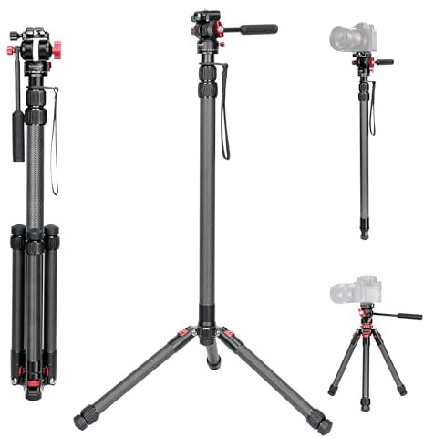 Koolehaoda 185cm Video Einbeinstativ Kit Kohlefaser Kamera Einbeinstativ Φ32mm Rohr mit Abnehmbarer Stativfuß und Fluidkopf Leichtes Reise Einbeinstativ