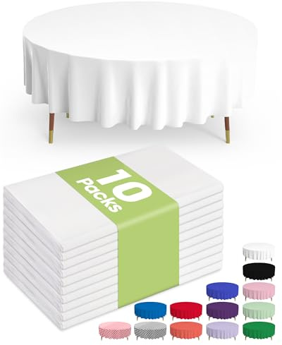 Pureegg Plastic Table Cloth Disposable 10 Pack, 84'' Round Table Cloths, Party, Picnic, Wedding, Decorative Tablecloths, Round, White Plastic Cover, Leakproof & Sturdy, White