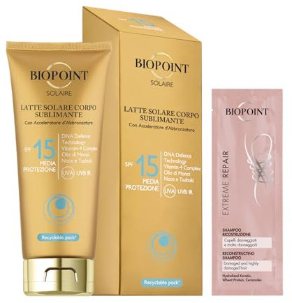 Biopoint Solaire - Latte Solare Corpo Sublimante con Acceleratore di Abbronzatura, Dona una Pelle Dorata e Luminosa, 200 ml con Campioncino Shampoo Extreme Repair 10 ml