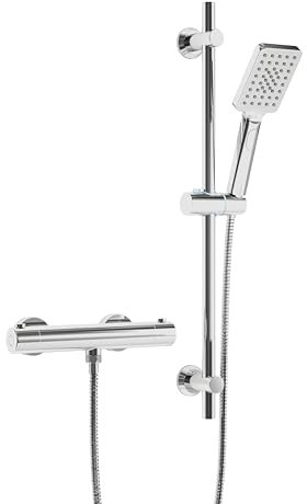 Görbach Grifo termostático de ducha con juego de barras de ducha, grifo termostático con juego de ducha, termostato mezclador de ducha + barra de ducha de acero inoxidable, 70 cm, rectangular, cromo