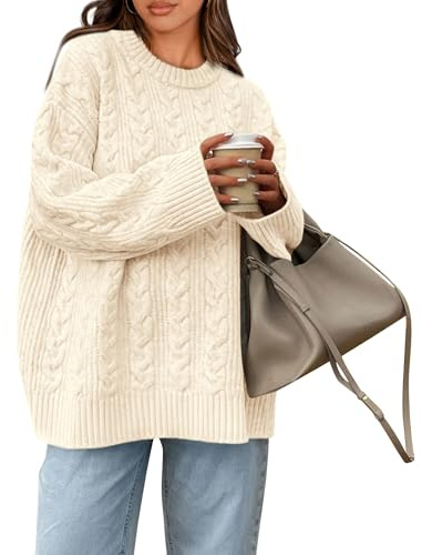 Okiwam Women's Oversized Sweaters Crewneck Cable Knit Pullover Casual Loose Fall Outfits Spring Fashion Clothes 2026-L Beige White