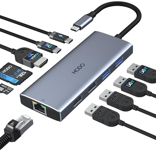 HODO USB C Hub Ethernet für MacBook Air, Adapter Mac Book Zubehör 10 in 1 mit 4K 60Hz HDMI, Ethernet, 100W PD, SD TF Kartensteckplatz, 4USB und USBC Datenport, Type-C Dongle für iPad, Surface