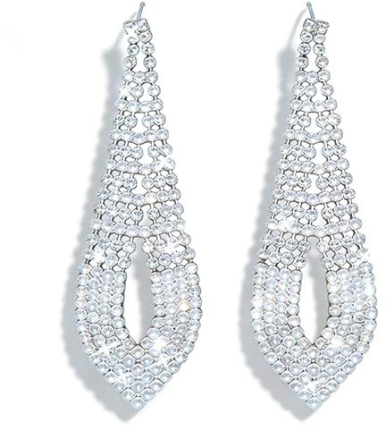 Wedding Long Rhinestone Earrings Silver Crystal Dangle Earrings Dainty Diamond Cubic Zirconia Bridal Drop Sparkly Tassel Cz Brides Stud Simple Shiny Statement Chandelier Bridesmaid Party Prom Women