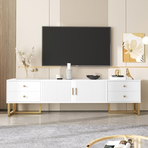 LERFAN TV-skåp, låg panel med strukturerad dörr, TV-möbler med lådor, gyllene handtag och gyllene fötter vit