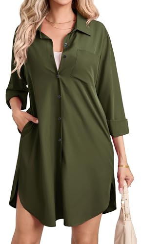 Enmain Womens Long Sleeve Blouse Shirt Dress Button Up Cotton Tunics Casual Blouses Tops with Pockets