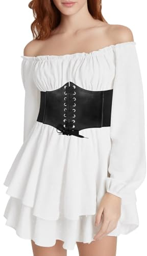 CNNBYYDS Halloween Costume de Pirate Femme Médiéval Robe Blanche Pirate avec Ceinture Corset, Mini Robe 2 en 1 avec Short intégré en Dessous, Manches Longues Carnaval Deguisement