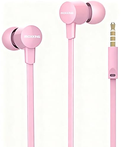 MOXKING in-ear hörlurar med kabel för små öron | Mikrofon och volymkontroll, platt kabel, perfekt för kvinnor och barn (rosa)