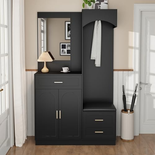 SUKY Armadio moderno e compatto, armadio guardaroba e scarpiera, armadietto d'ingresso, scaffale multifunzionale con specchio, 110 L x 33 L x 185,5 H (cm) (nero)