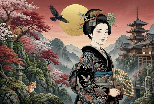 Dame aux sakuras Art Japonais Puzzle 1000 Pièces, Jeu de Table | Puzzle 1000 pièces, taille 52x38cm, dès 14 ans, motif Dame aux sakuras art pour déco murale après encadrement et cadeau