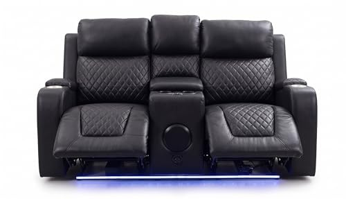 Florida Leather Electric Recliner Sofa Set with Cupholders, 3 and 2 Seater Sofa, LED Lights, Wireless Charging, Bluetooth Speakers,Storage and USB Ports (2 Seater, Black)