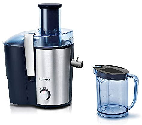 Bosch Hausgeräte Entsafter VitaJuice 3 MES3500, elektrische Saftpresse für Obst und Gemüse, großer Einfüllschacht, 1,25l Saftbehälter, mehrere Geschwindigkeiten, spülmaschinengeeignet, 700 W, blau/silber, Edelstahl