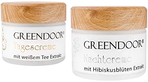 GREENDOOR Naturkosmetik Feuchtigkeitspflege 2er Sparset Tagescreme Bio weißer Tee + Nachtcreme Bio Hibiscus, Natur gegen Fältchen, natürliche Feuchtigkeitsschutz Tagespflege Gesicht