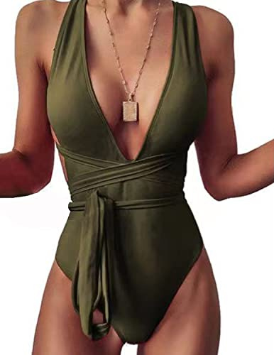 MUMZUGI Maillot de Bain Femme 1 Pieces Rétro Bikini Sexy Tankinis Swimwear Taille Haute, Vert L