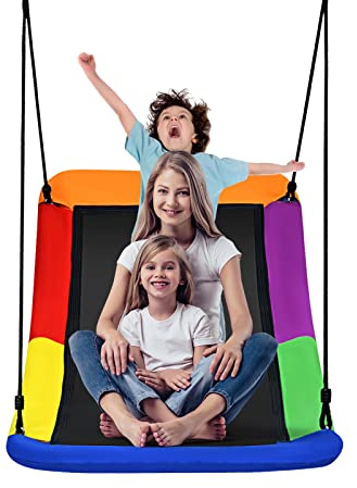 COSTWAY Altalena a Nido per Bambini Giardino, Con Telaio in Metallo, Regolabile in Altezza, Sedia Sospesa per Adulti Bambini, per Cortile Parco Giardino, Portata 150 kg (Multicolore)
