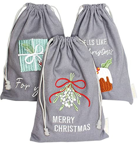 Papierdrachen Geschenkverpackung Weihnachten 2025-3er Set Stoffbeutel - 20 x 30 cm - Grau - Stickerei - Kordelzug - wiederverwendbar - zum Befüllen