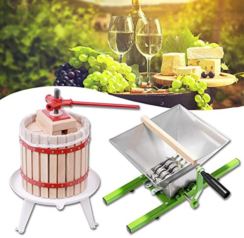 Froadp Mobile Weinpressen Set inkl. 12L Saftpresse Eiche Obstpresse + 7L Edelstahl Obstmühle Schnitzelpressen Apfelpresse Rübenmühle Hausbrauwerkzeuge für Obstweine Fruchtsäfte Apfelsaft