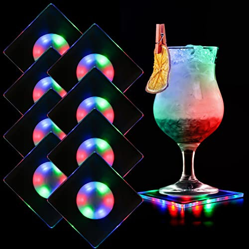 MEDOYOH 8er-Set Quadratisch Bunt LED Untersetzer für Getränke, ON/Off Wasserdicht Acryl Getränke Untersetzer Leuchtende für Gläser Flaschen Partys Hochzeiten Bar Weihnachten