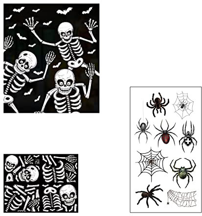 QEEQPF 4 Adesivi per Finestra con Motivo a Teschio con 1 Adesivo temporaneo per Tatuaggi, Decorazioni per Feste di Halloween, Adesivi raccapriccianti, Adesivi statici in Vetro Halloween, Mardi Gras