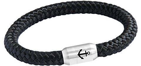 Paris Montana Das Original Anker Gravur Unisex Segeltau Armband Geflochten Handmade Hochwertiger Magnetverschluss 8mm Durchmesser (Schwarz, 23.00 CM)