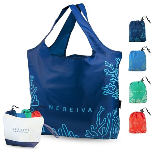 Nereiva 4 Pack Foldable Grocery Bags into Tiny Pouch - Large Capacity Multi-Color, Great for Travel, Durable, Washable Packable Shopping Bag, Comes with a Carry Pouch, Lightweight