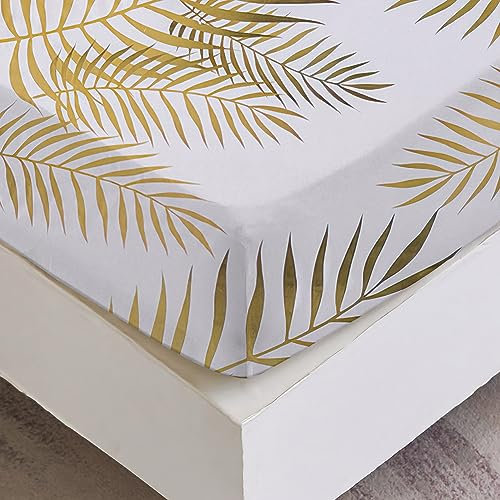 Spannbettlaken 140x200 cm - Gold Blätter Muster - Spannbettuch Bis 30 cm Matratzenhöhe - Bettlaken Weiche Polyester-Mikrofaser Weiß